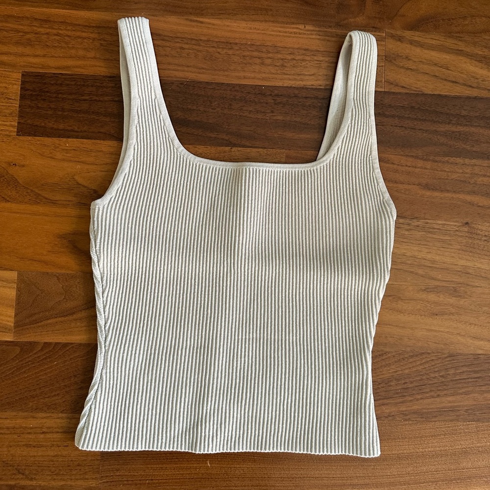 Aritzia Babaton Sculpt Knit Squareneck Tank, Ribbed, Oat, Size XS.